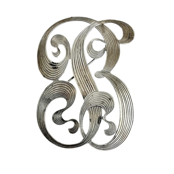 Vintage Silver Monogram B Brooch Large Scroll Letter B Pin Art Nouveau Style - Picture 1 of 10